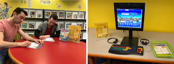 (left photo) Sanderson (left) and Winston try out the activities that Champelli and her staff developed for the show ‘Flat Stanley.’ | Courtesy photo. (right) Children can use a dedicated computer workstation in the children’s area to learn about the different countries and cultures that Flat Stanley visits on his trips. | Photo by Julie Warren