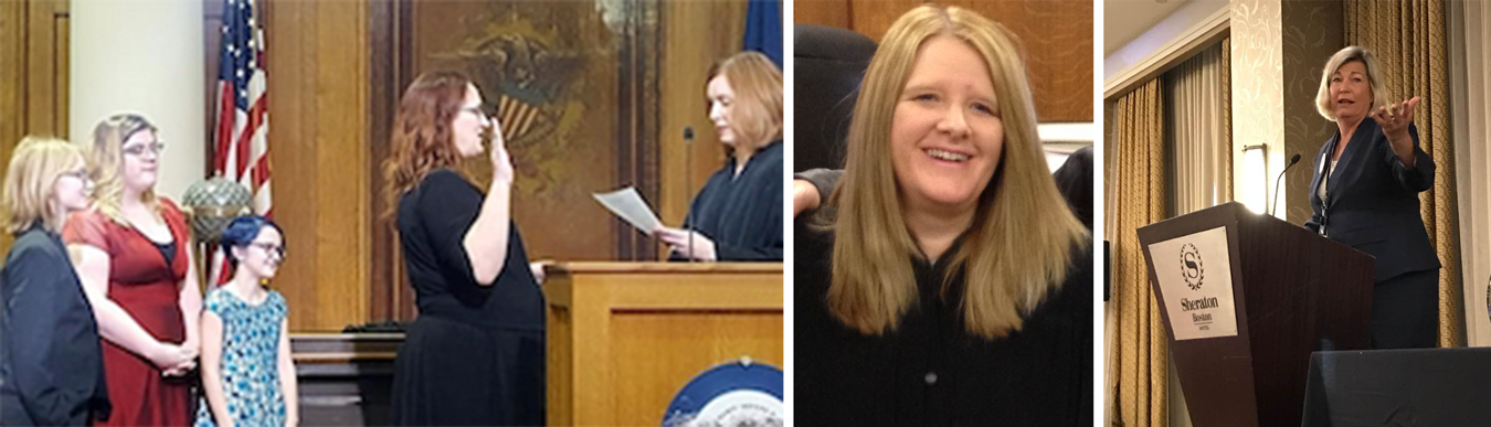 (left photo) Judge Catherine Stafford (center), being sworn in by Judge Holly M. Harvey on January 1 at the Monroe County Courthouse with her son, daughter, and step-daughter watching. (center photo) Judge Lori Quillen of the Owen County Circuit Court. (right photo) Attorney Betsy Greene in 2017, accepting the Marie Lambert Award from the American Association for Justice Women’s Trial Lawyer Caucus in Washington, D.C. | Courtesy photos