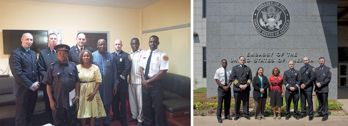 (left photo) Bloomington fire fighters with their hosts in the offices of the Sierra Leone Ministry of Internal Affairs. (front row, l-r) Sierra Leone Deputy Fire Chief Sylvester Momoh Taluva and Eastina Taylor; (back row, l-r) Bloomington firefighter Jonathan Young, Bloomington Fire Department Fire Prevention Officer Tommy Figolah, BFD Fire Chief Jason Moore, Sierra Leone Minister of Internal Affairs Hon. Edward Soloku, BFD Captain Max Litwin, Sierra Leone Permanent Secretary at the Ministry of Internal Affairs [TK—name], and Bloomington firefighter Al Saccoh. (right photo) Bloomington firefighters at the U.S. Embassy in Freetown, with Eastina Taylor (center) and American Ambassador to Sierra Leone Maria Brewer (third from left). | Courtesy photo