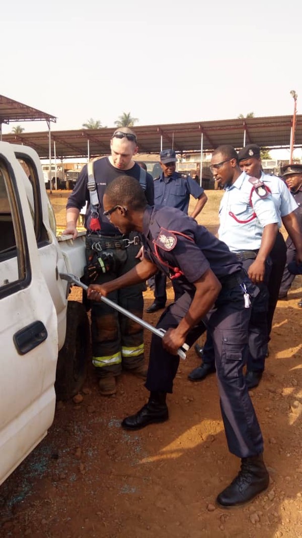 The Bloomington Fire Department sent five firefighters to Sierra Leone in February to share expertise and training methods with the Sierra Leone Fire Force. The trip was coordinated by BFD Chief Jason Moore and Sierra Leonean Eastina Taylor, who participated last summer in the IU Mandela Washington Fellowship. | Courtesy photo