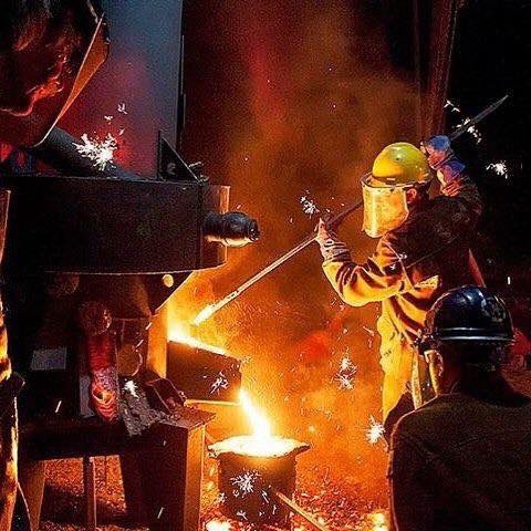 In July, Sculpture Trails Outdoor Museum holds its annual series of workshops and public events in Greene County, capped by the Fire@Nite Iron Pour on July 27. (above, in yellow hardhat) Sculpture Trails founder Gerry Masse works one of the furnaces. | Courtesy photo