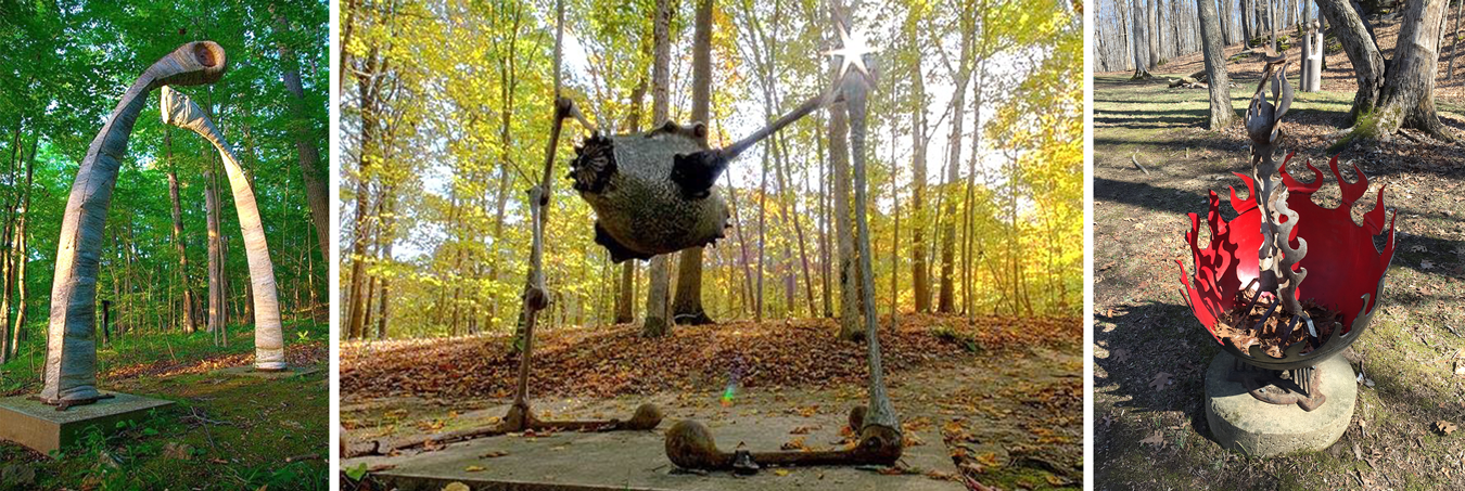 Just a few of the 150 sculptures placed along three miles of trails at the Sculpture Trails Outdoor Museum. (left) Self-portrait of the artist as Janus, by Garrett Krueger; cement, cast iron, and cast aluminum. | Photo by Eddie Relick (center) ‘Knowledge Has No Blind Side,’ by Katerina Nissa Sanerib; cast iron and cast aluminum. | Photo by Eddie Relick (right) ‘Fire Goddess,’ by Ira Hill; cast iron and cast aluminum. | Photo by Laurie D. Borman