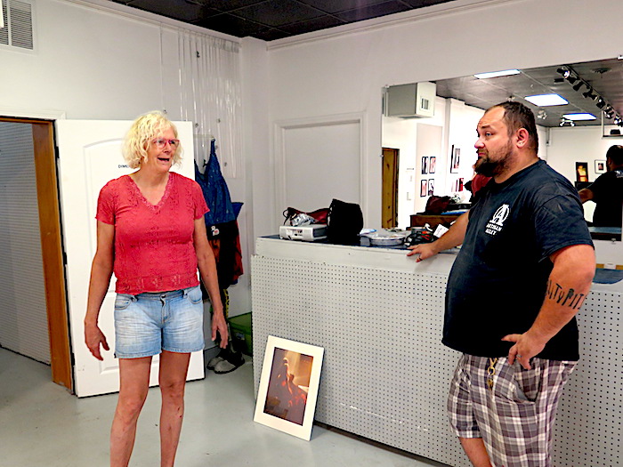 Jeanne Smith (left) spoke with Nahas at Dimensions Gallery as she prepared for her show, “Bikes to Boudoir — Gender Queer Transition to Tactile Expression,” a look at her life's work, which opened August 2. | Limestone Post