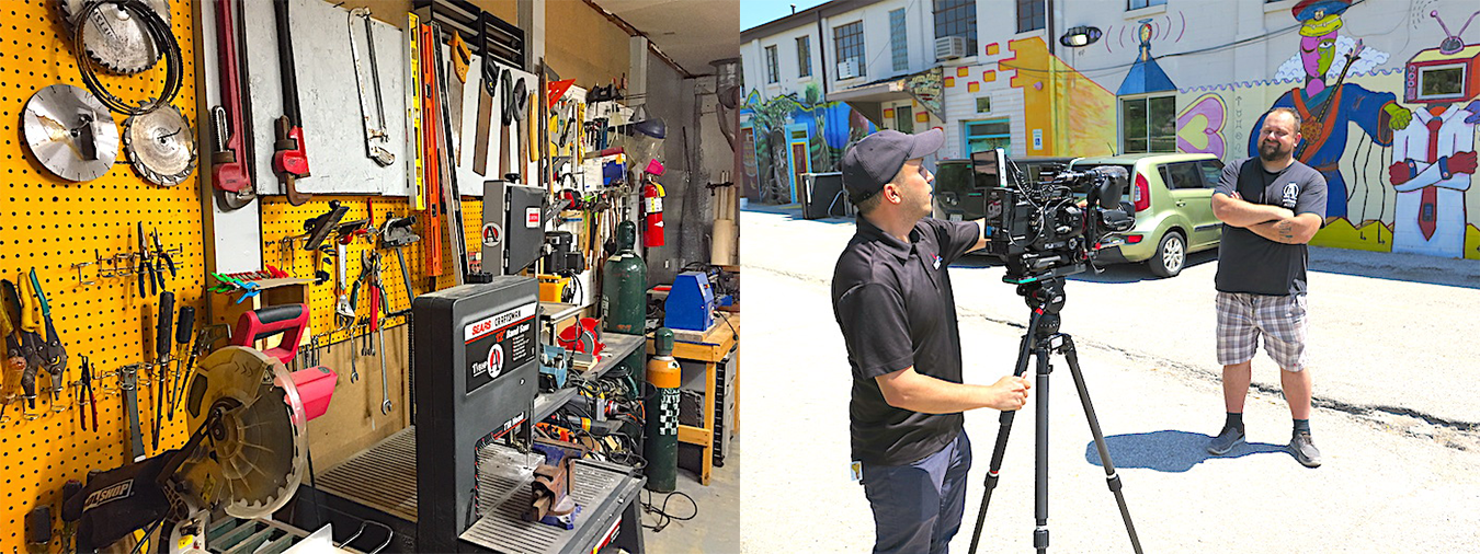 (left) One wall of the Burl and Ingot Tool Library (1305.5 W. 11th St.), an industrial arts workspace and artist studio with a tool-sharing library that includes hand and power tools and other heavy-duty equipment, such as air compressors and a ceramics kiln. (right) Nahas is interviewed by WTIU outside of Artisan Alley next to the B-Line Trail. | Limestone Post