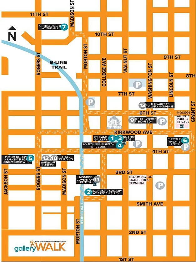 The galleries of Gallery Walk Bloomington: #1 By Hand Gallery, #2 Dimensions Gallery at Artisan Alley, #3 Gallery SCG, #4 Ivy Tech John Waldron Arts Center, #5 Pictura Gallery—FAR Center for Contemporary Arts, #6 The Venue Fine Art & Gifts, #7 Untitled Light at the Mill, #9 Gather :handmade shoppe & Co.:, #10 The I Fell Building, #11 Monroe Convention Center, #12 Rainbow Bakery, #13 The Vault at Gallery Mortgage