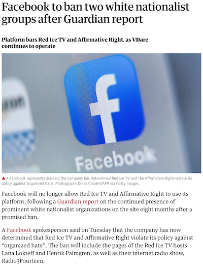 Screenshot of an article on TheGuardian.com reporting that Facebook banned Red Ice TV, a 'white nationalist group,' from its platform.