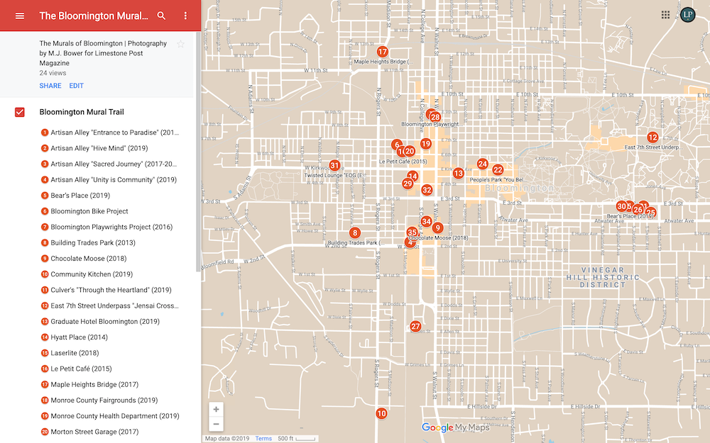 Screenshot of the interactive map The Bloomington Mural Trail. | M.J. Bower/Limestone Post