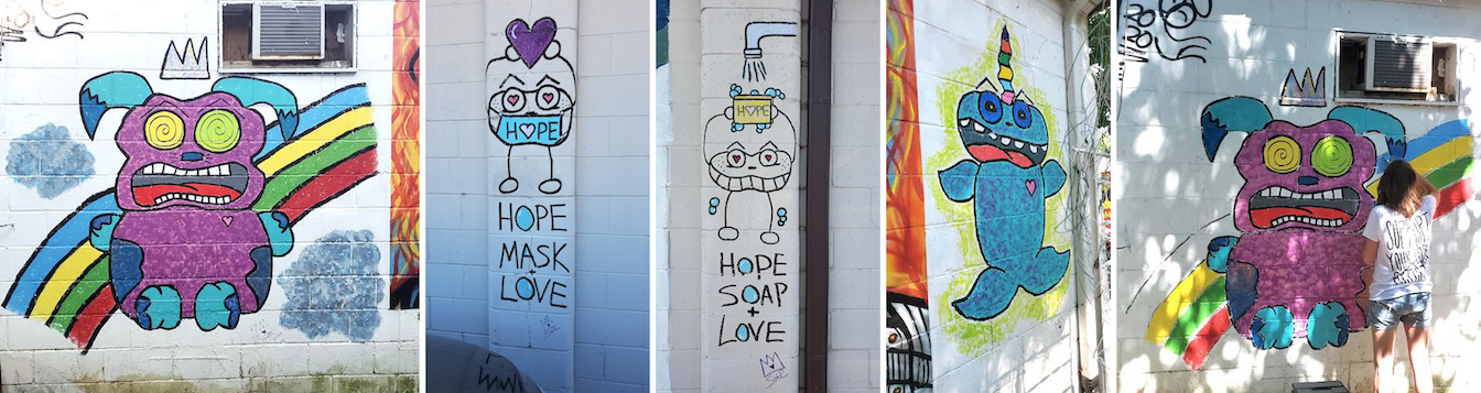 These murals, based on beating the pandemic, were painted by SotR (State of the R) in 2020 at Artisan Alley’s co-work building, Twisted Cowork, at 804 W. Kirkwood. (l-r) ‘Enjoy Your Rainbow’; ‘Hope + Mask + Love’; ‘Hope + Soap + Love’; ‘Making Algae Angels’; and SotR painting ‘Enjoy Your Rainbow’. | Courtesy photos