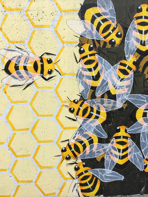 (27) Detail of Bitzer's Wall, 'The Bee-Line' (2018), (921 S. Morton St., artist — Lily Hollinden | Photo by M.J. Bower