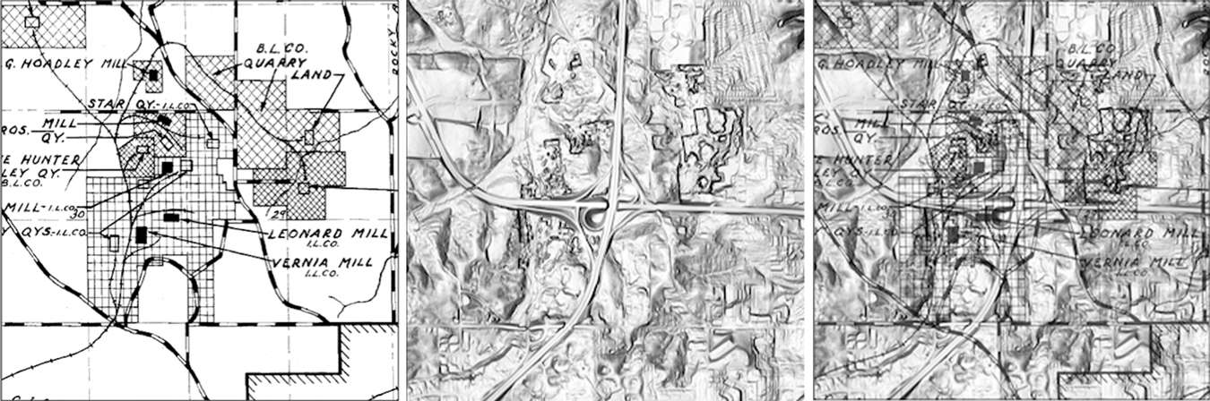 These maps, courtesy of the <a href="https://igws.indiana.edu/" target="_blank&quot;">Indiana Geological and Water Survey</a> (IGWS), show an area northwest of Bloomington at the interchange of I-69 and State Road 46. The proposed property for Quarry in the Uplands limestone heritage park is north and west of the highways. The left image is a quarry map of the area from 1931. The middle image is the same area using LiDAR topography. In the right image, an IGWS cartographer draped the historic map over the LiDAR map. The National Ocean Service says LiDAR, which stands for Light Detection and Ranging, is 'a remote sensing method that uses light in the form of a pulsed laser to measure ranges (variable distances) to the Earth.' | Images courtesy of the Indiana Geological and Water Survey