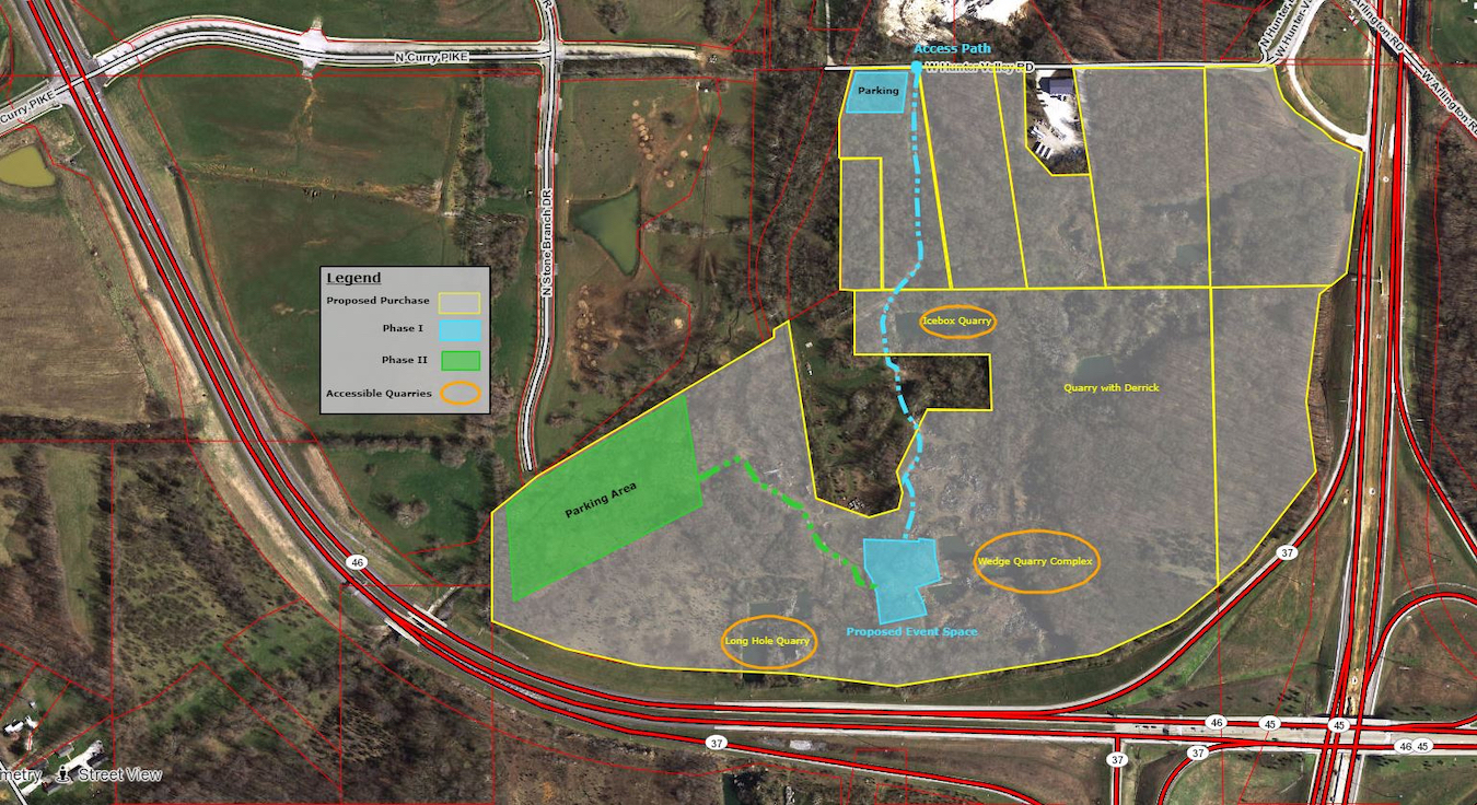 This GIS image shows the properties (shaded) under consideration for the 'Quarry in the Uplands' limestone heritage park. If the sale is successful, the park will have seven to nine quarries, but contamination on an adjacent property (the unshaded section in the middle of the proposed purchase) will prevent park officials from developing any of the quarries for swimming. | Courtesy image