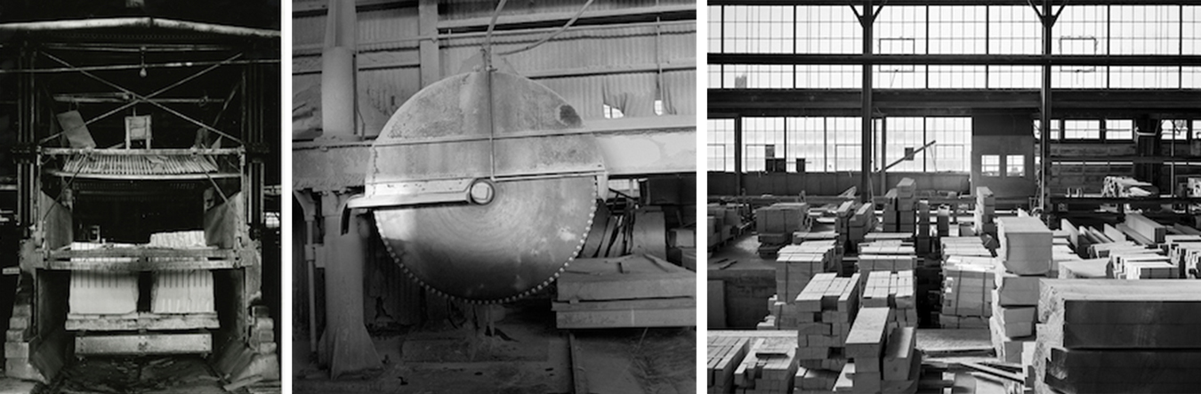 Plans for the limestone heritage park include displaying historical quarry machinery, offering stonecutters a place to show their craft, and developing an outdoor museum and entertainment venue. (l-r) Gang saw, photographed by Richard Koenig in a Monroe County dimension mill circa 1980; single-blade circular saw, photographed in Woolery Mill on Bloomington’s southwest side during the mid-1990s; Woolery Mill, 1980. The 1930s building is now an events venue, One World at Woolery, and is designated as a National Historic Landmark. | Photography by <a href="http://people.kzoo.edu/~rkoenig/homepage.html" target="“_blank&quot;">Richard Koenig</a>