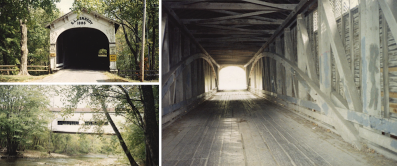 Before they had a gymnasium, the Moscow River Rats held basketball practices during inclement weather in the E. L. Kennedy Covered Bridge, according to Emerson Houck. The bridge in Moscow, Indiana, was destroyed by a tornado in 2008. According to IndianaAlbum.com, it was later rebuilt using 40 percent of the original bridge’s timber. (clockwise from top left) ‘Moscow Covered Bridge, Moscow, Indiana, 1987’; ‘Interior of the Moscow Covered Bridge, Moscow, Indiana, 1987’; ‘Moscow Covered Bridge and the Flatrock River, Moscow, Indiana, 1987’ | Photos courtesy of IndianaAlbum.com from the Loretta Dahm Collection.