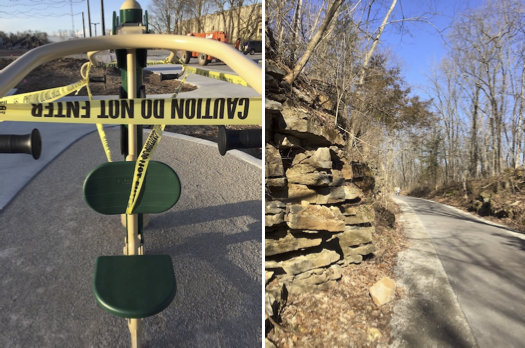 (left) Caution tape covers exercise equipment in Switchyard Park. Bloomington’s parks and trails remain open, but all city park playgrounds are closed until further notice. The Limestone Greenway (right) and Karst Farm Greenway are open, but Monroe County’s parks and facilities are closed. | Limestone Post