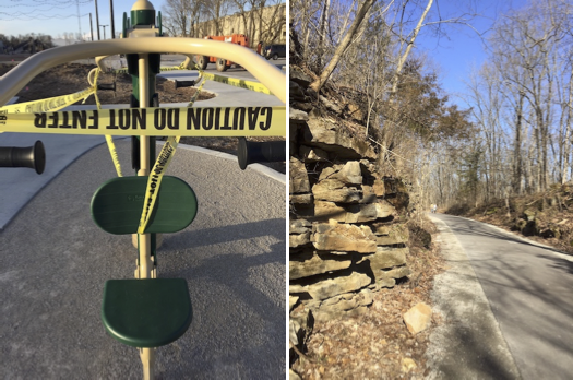 (left) Caution tape covers exercise equipment in Switchyard Park. Bloomington’s parks and trails remain open, but all city park playgrounds are closed until further notice. The Limestone Greenway (right) and Karst Farm Greenway are open, but Monroe County’s parks and facilities are closed. | Limestone Post