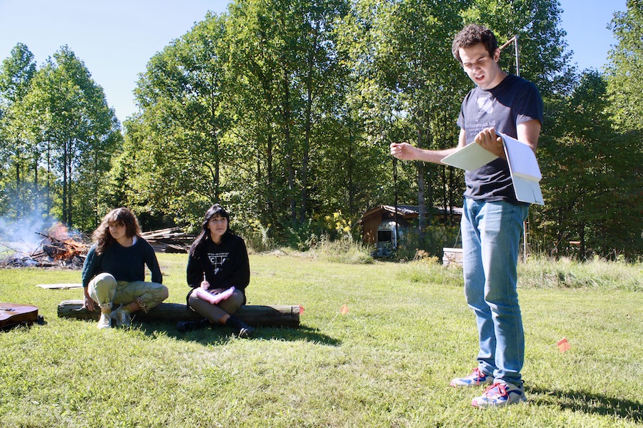 (l-r) Jess Kantorowitz, Char Nakashima-Conway, and Lorenzo Rosado rehearse at one of the many spaces available at the Hundredth Hill artist retreat. | Photo by Grayson Pitts