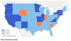 This <a href="https://www.adl.org/adl-hate-crime-map" target="_blank" rel="noopener">Anti-Defamation League map</a> shows hate crime laws by state. Such laws can address ‘hate crimes directed against individuals because of race, religion, ethnicity, sexual orientation, disability, gender or gender identity.’ Indiana is one of only four state with no such laws, according to the ADL.