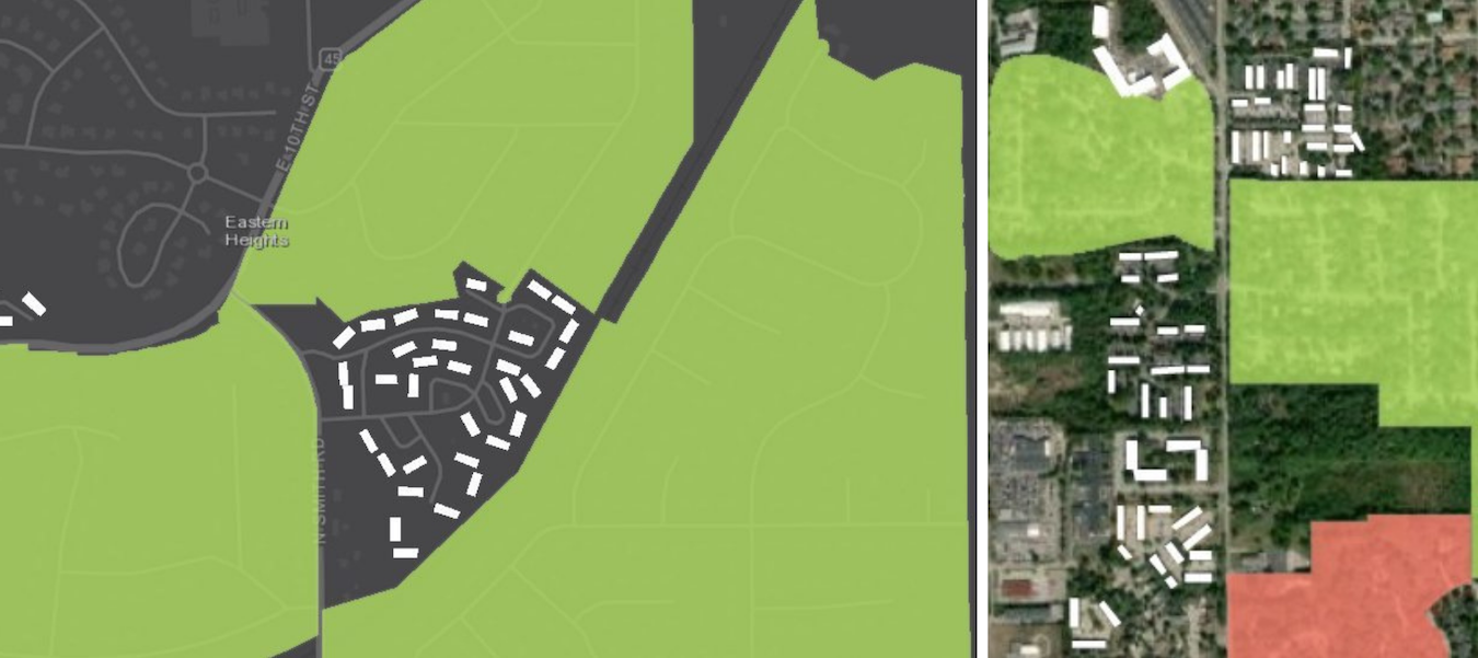 (left) In northeast Bloomington, the Eastern Heights Neighborhood Association surrounds, but does not include, the Meadow Park Apartments. (right) Sherwood Oaks and Sunny Slopes Neighborhood Associations are colored green because any resident may join — as long as they live in the boundaries of the association. Peppergrass Neighborhood Association is in red to indicate only property owners are eligible to belong. Numerous apartments are shown along South Walnut Street Pike. | StoryMap by Mark Stosberg. Sources: neighborhood data from City of Bloomington; apartment data from OpenStreetMap.