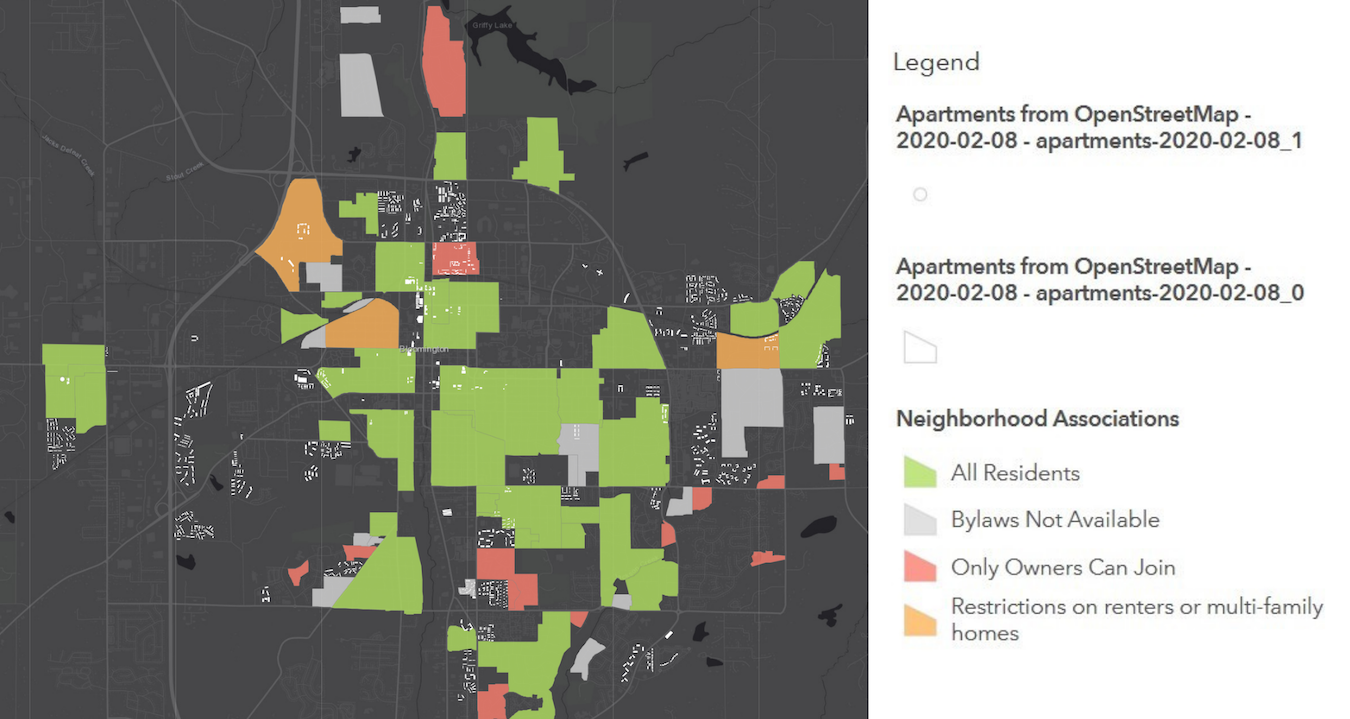 This StoryMap, ‘Neighborhood Associations and Housing Equity StoryMap,’ by Mark Stosberg, illustrates neighborhood association boundaries compared to rental properties. It highlights a pattern of exclusion of many large apartment buildings throughout the city. Apartment buildings are white, neighborhood associations are colored and labeled in the legend. | StoryMap by Mark Stosberg. Sources: neighborhood data from City of Bloomington; apartment data from OpenStreetMap.