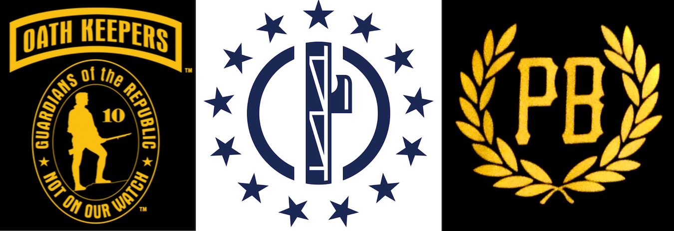 Far-right groups such as the Proud Boys and Oath Keepers define themselves as defenders of the Constitution and therefore as ‘true Americans,’ just as the KKK once did. Alt right group Patriot Front distributed propaganda at IU in July 2020, which read, ‘America first,’ ‘life liberty victory,’ and ‘For the nation against the state.’ Above are logos of the three groups. (l-r) Oath Keepers, Patriot Front, Proud Boys.