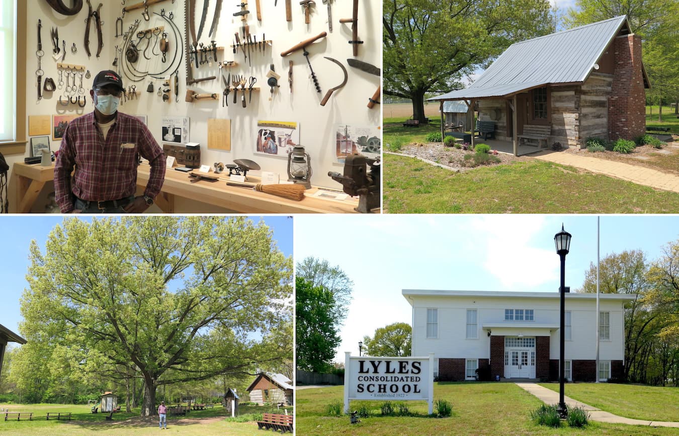 (top left) Stanley Madison in the Lyles Station museum, which holds hundreds of pioneer artifacts; similar items from Lyles Station are featured in the exhibit ‘The Power of Place’ in the Smithsonian Institution’s National Museum of African American History and Culture in Washington, DC. (top right) This log cabin, similar to those built by pioneers, is where today’s schoolchildren learn about pioneer life at Lyles Station. (bottom left) Stanley stands under an oak tree at Lyles Station, which used to be a stopover on the Underground Railroad, and on June 19 will hold a Juneteenth Celebration. (bottom right) The museum is in the Lyles Station Consolidated School, which also houses a re-created schoolroom from the early 1900s. | Limestone Post