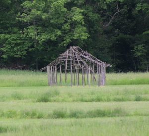 This reconstructed frame of a daub house at Angel Mounds is like those that might have been used at the settlement. While the inhabitants were agricultural people, the town was also a trading hub due to its proximity to several rivers. | Photo by Laura Martinez